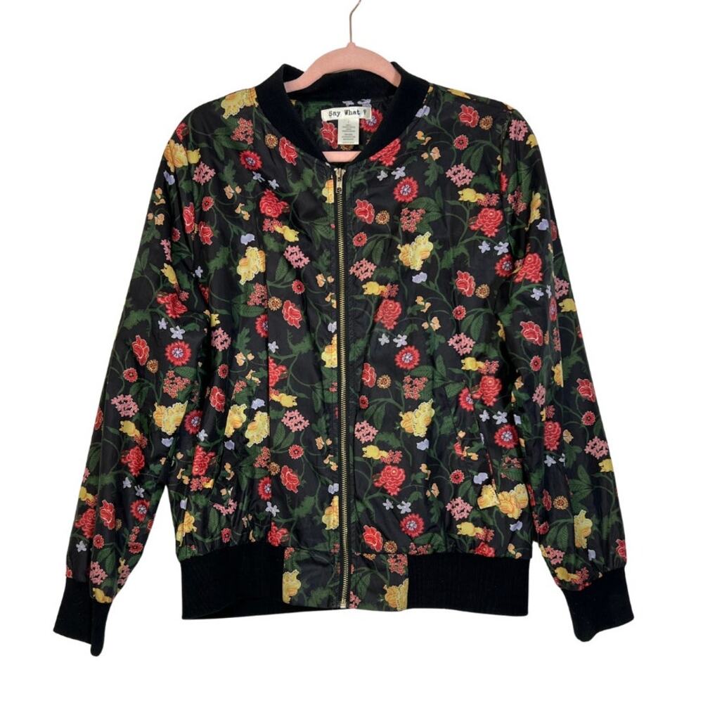 Say What? Black with Mutlicolor Flowers Zip Up Pockets Bomber Jacket Size L‎